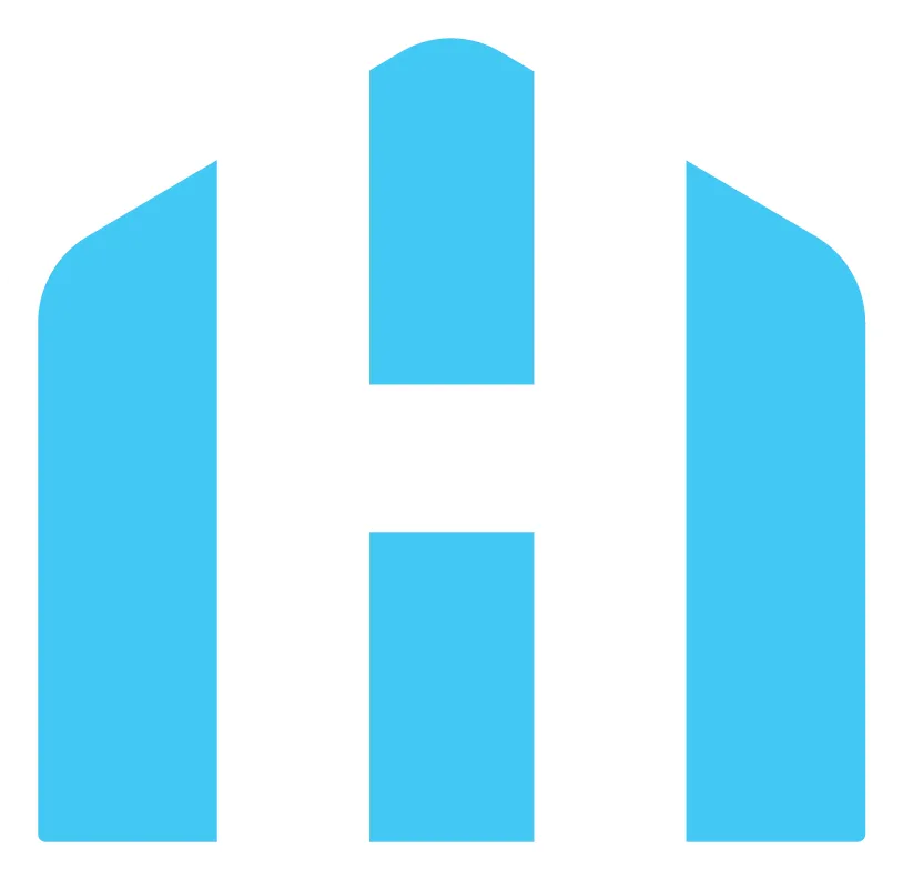 Abstract blue H logo with three rounded vertical pillars outlined in white, modern geometric design